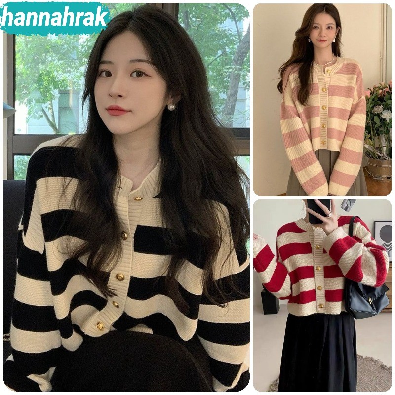 (ส่งจากกรุงเทพฯ)เสื้อกันหนาวคาร์ดิแกนเสื้อไหมพรมผู้หญิง ลายทาง คอกลม แขนยาว แฟชั่นผู้หญิง ผ้านิ่มยืดใส่สบาย