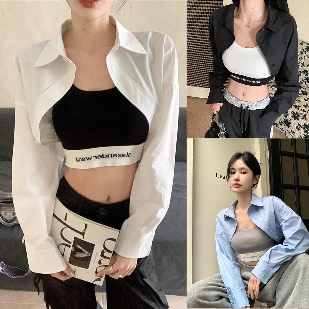 KOKO W415❤️เสื้อเชิ้ตแขนยาวลำลองสีขาว เสื้อครอปคอปก แฟชั่น สไตล์เกาหลี อเนกประสงค์และกระชับสัดส่วน 3สี