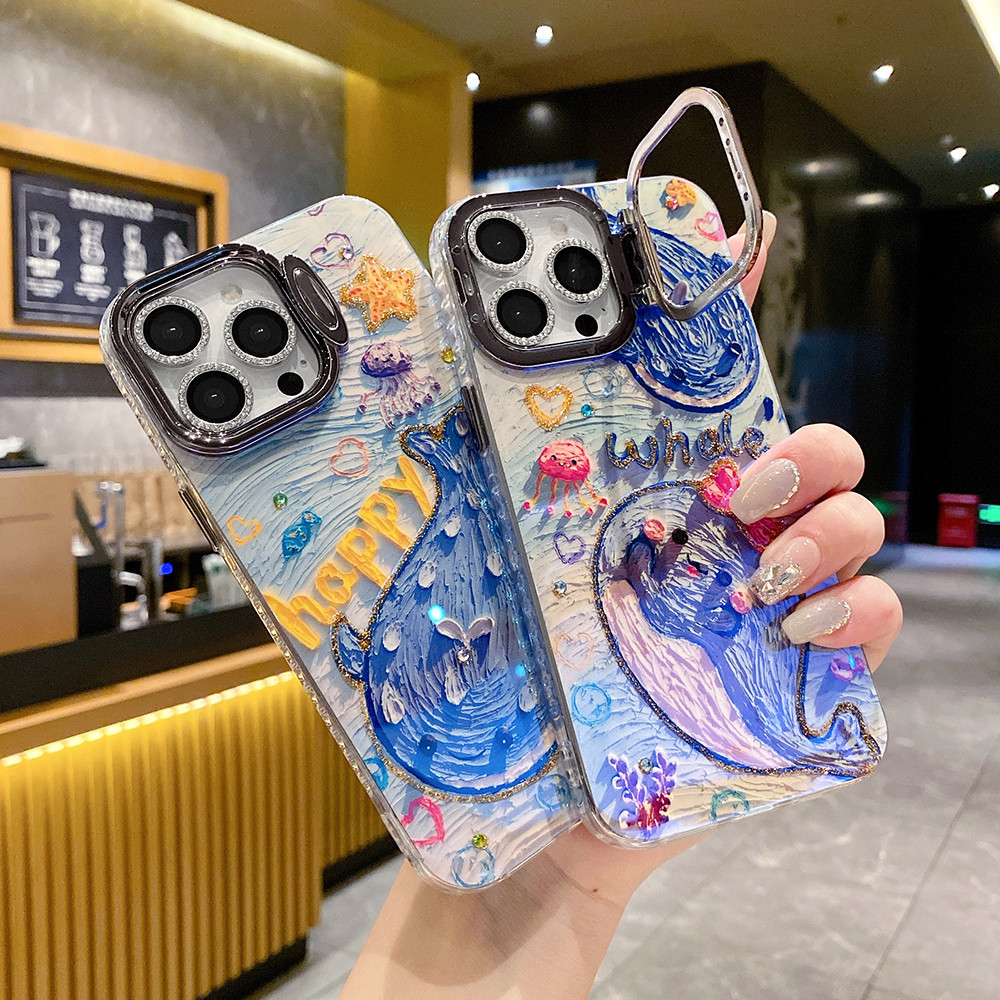 สําหรับ iphone 14 Plus 15plus 11 15 14 13 12 11 Pro Max ภาพวาดสีน้ํามัน Ocean Sharks เคสโทรศัพท์ DIY เลนส์ป้องกันสนับสนุนฟังก์ชั่นซิลิโคนอ่อนนุ่ม Anti Drop ผู้หญิง TPU Cover
