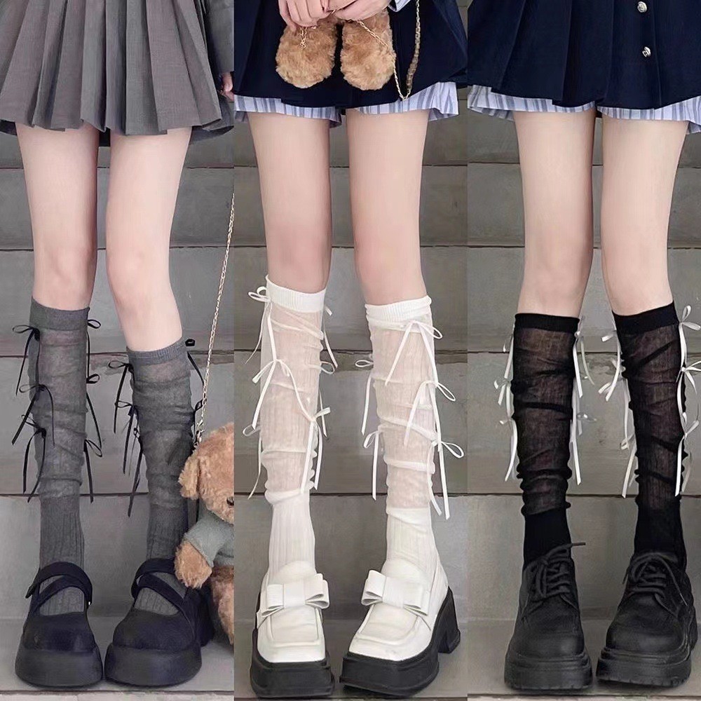 ถุงเท้าผู้หญิง jk จากญี่ปุ่น ถุงเท้าโบว์ผู้หญิง สีทึบ ตาข่ายระบายอากาศ สไตล์บัลเล่ต์