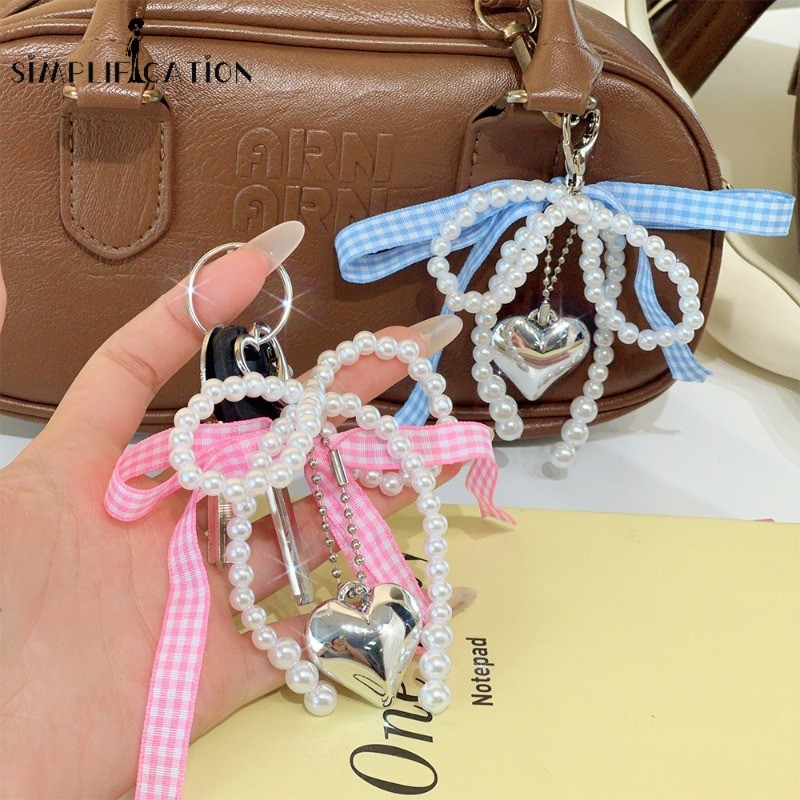 Y2k สีชมพูหวานสีฟ้าตาข่ายริบบิ้น Bowknot Pearls พวงกุญแจ-ลูกปัดหรูหรากระเป๋าจี้พวงกุญแจโทรศัพท์ตกแต่งพวงกุญแจ-ผู้หญิงแฟชั่นอุปกรณ์เสริม