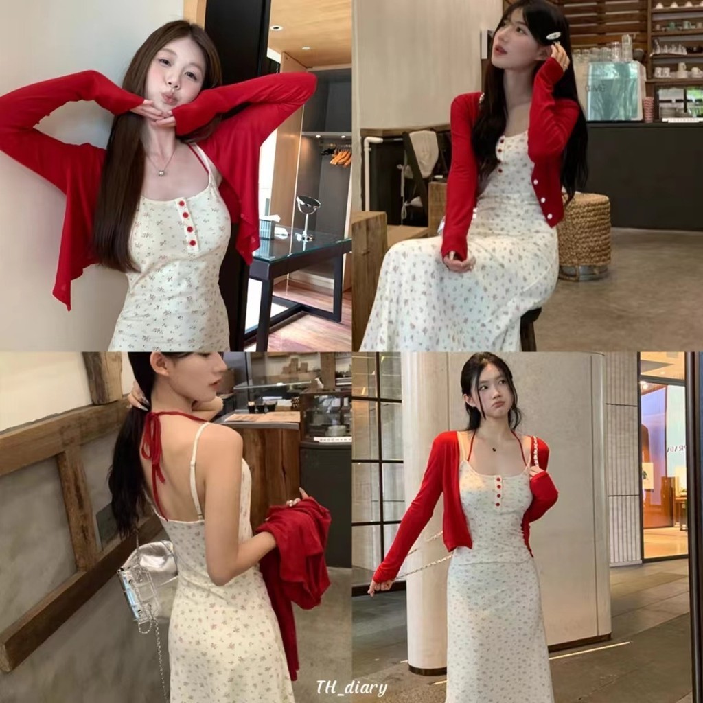 (พร้อมที่จะจัดส่งในกรุงเทพ) ฤดูร้อนรูปแบบใหม่ ผอมเพรียว สลิง เดรสยาว+คาร์ดิแกนถักแขนยาว ชุดสองชิ้น-Z262