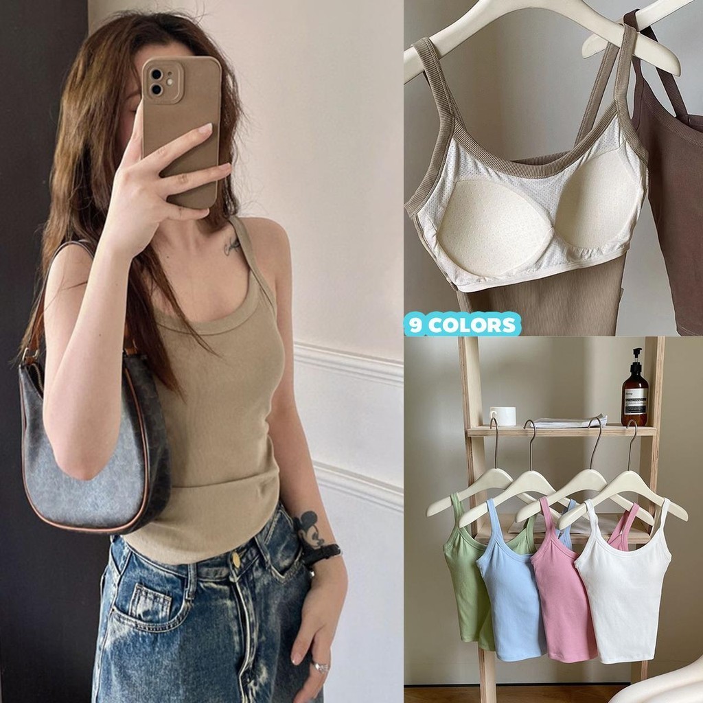 MIMI&DIDI#เสื้อสายเดี่ยวไหมพรมน่ารัก เสื้อครอปทรงเข้ารูปมีบราในตัว ไม่ต้องใส่เสื้อใน ผ้านิ่มๆใส่สบาย#X6604