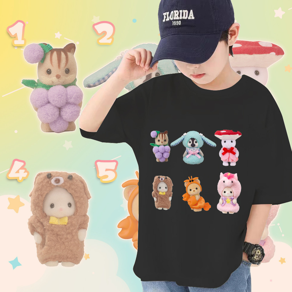 8 สี การ์ตูนน่ารักพิมพ์ลายเด็กเสื้อยืด Sylvanian Family Kids T Shirts