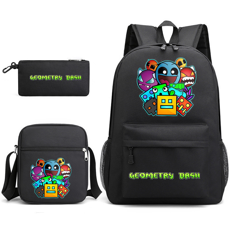 การ์ตูน Polychrome กระเป๋าเป้สะพายหลัง Geometry Dash 3IN1 กระเป๋าเป้สะพายหลังสําหรับนักเรียน ความจุขนาดใหญ่ กระเป๋าเดินทางกลางแจ้ง