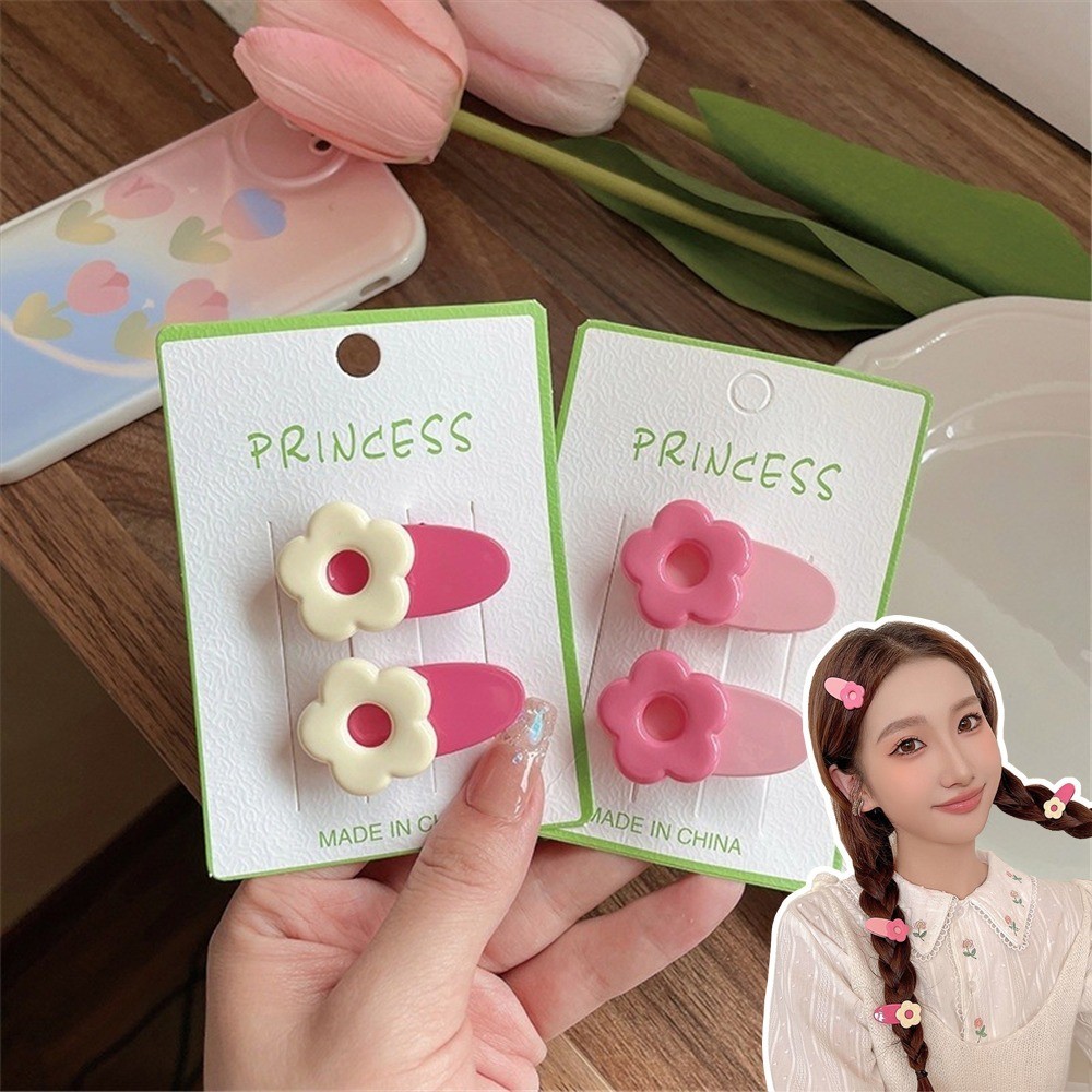 1/2ชิ้นกิ๊บติดผมด้านข้างลายดอกไม้สีชมพูสดใส มาการอง สี