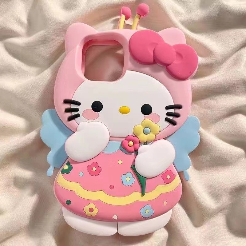 ซิลิโคนเหลว ทันที ผึ้งดอกไม้น่ารัก KT cat น่ารักแสดงออกความคิดสร้างสรรค์ปลอกเข้ากันได้สําหรับ iPhone 17 16 15 11 13 14 12 XR Xs Max Anti-Fall ฝาหลัง