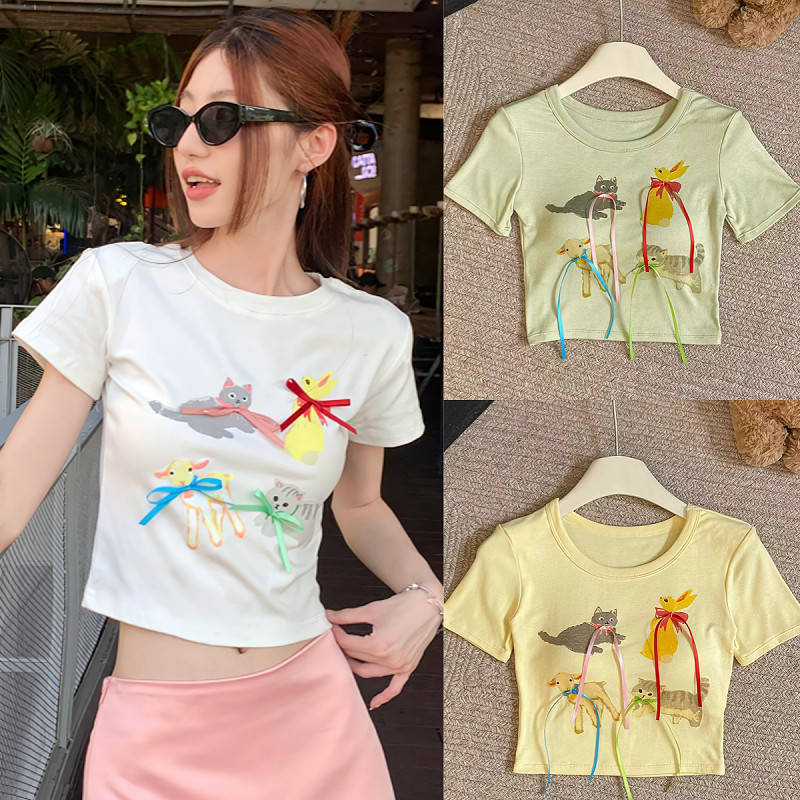 Suysuy พร้อมส่ง เสื้อครอป คอกลม แขนสั้น พิมพ์ลายสัตว์ น่ารักๆ ดีเทลแต่งโบว์ ผ้าเรยอน เสริมฟองน้ำ