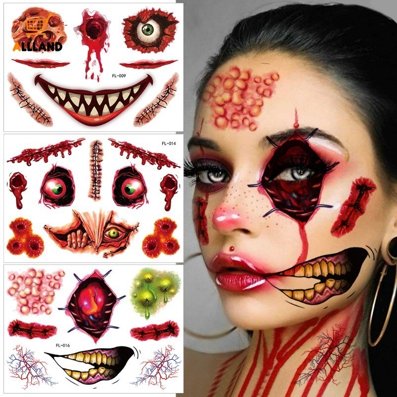 ธีมฮาโลวีน Bloody Wound Tattoo สติกเกอร์ - DIY กันน้ําแต่งหน้าหน้าชั่วคราว - Body Art ตกแต่งรูปลอก