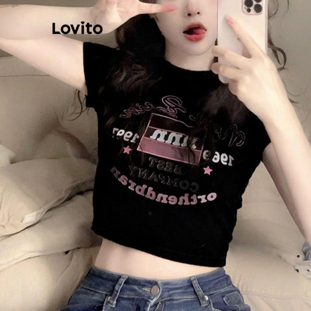 Lovito เสื้อยืดผู้หญิง มีลาย สีพื้น สไตล์ลำลอง LNE58074
