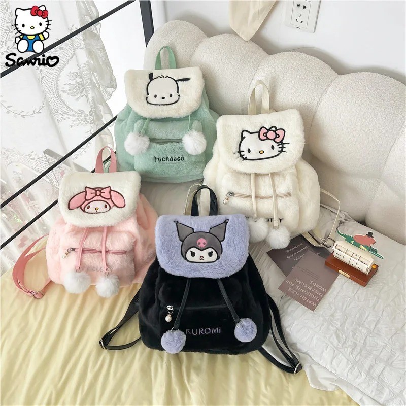 กระเป๋าเป้สะพายหลัง Sanrio Hello Kitty Kuromi Plush Bag Y2K My Melody Pochacco Plush Bag กระเป๋านักเรียนนักเรียนสไตล์เกาหลีความจุสูงกระเป๋า
