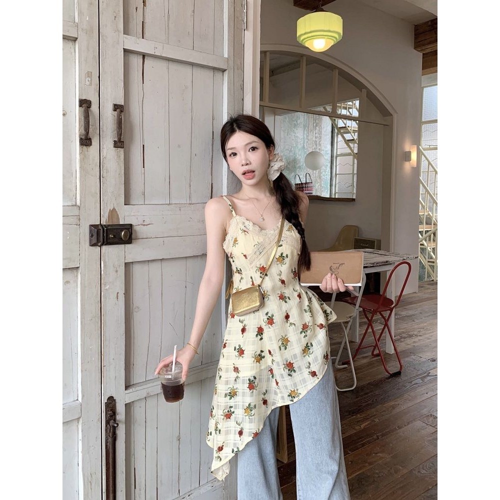 N-Yoda เสื้อชั้นในสตรีขอบลูกไม้กลางความยาวเสื้อแขนกุดลายดอกไม้