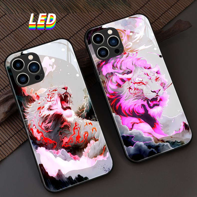 เสือแก้วไฟ LED เรืองแสงเคสโทรศัพท์ Protector สําหรับ iPhone 15 15Promax 15plus 15pro 14Promax 14plus 14pro 14 13Promax 13 13pro 12ProMax 12pro 11ProMax 11pro 12 11