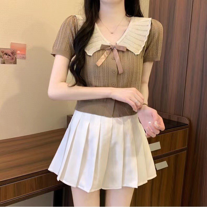 Maze⭐️พร้อมส่ง⭐️เสื้อคาร์ดิแกนถักแขนสั้นแต่งโบว์ระบายคอสุดหรูผ้านิ่มนุ่มสวมใส่สบาย(X029) ราคา ถูกที่สุด ดีลบีเคเค แกลเลอรีภาพที่ 5