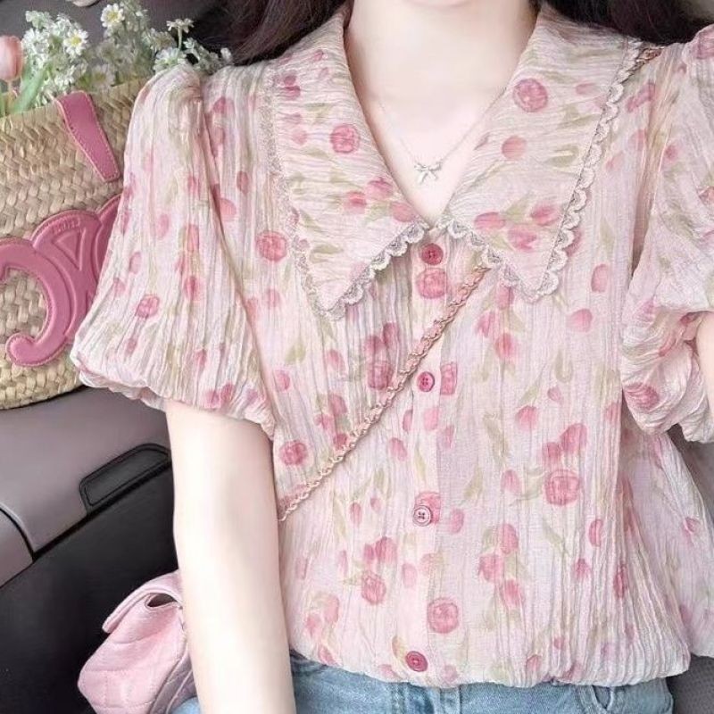 Classy~เสื้อเชิ้ตแขนสั้น การพิมพ์แฟชั่น ขอบลายลูกไม้ เวอร์ชั่นเกาหลี