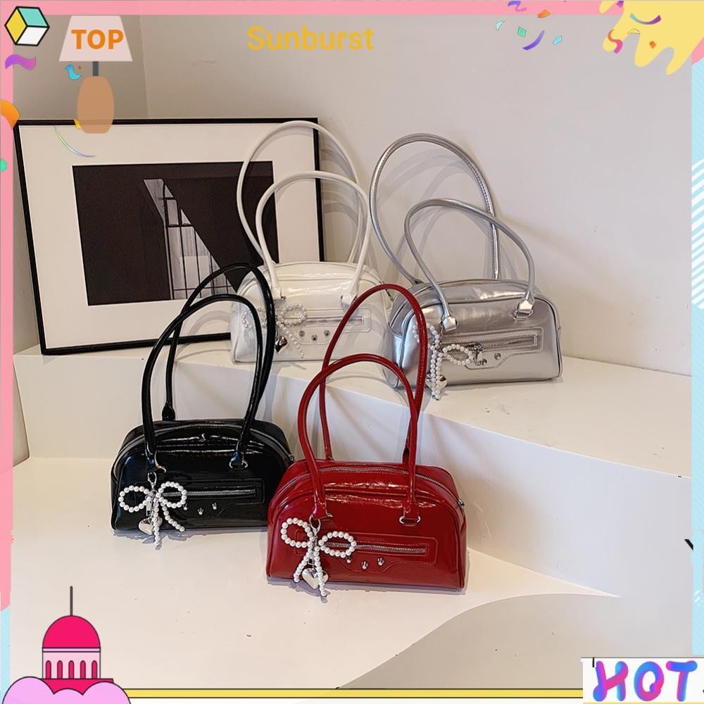 ผู้หญิง PU กระเป๋าสะพาย Chic Hobo กระเป๋าสีทึบพร้อมจี้โบว์ Sleek Party Bag [Sunburst11.th]
