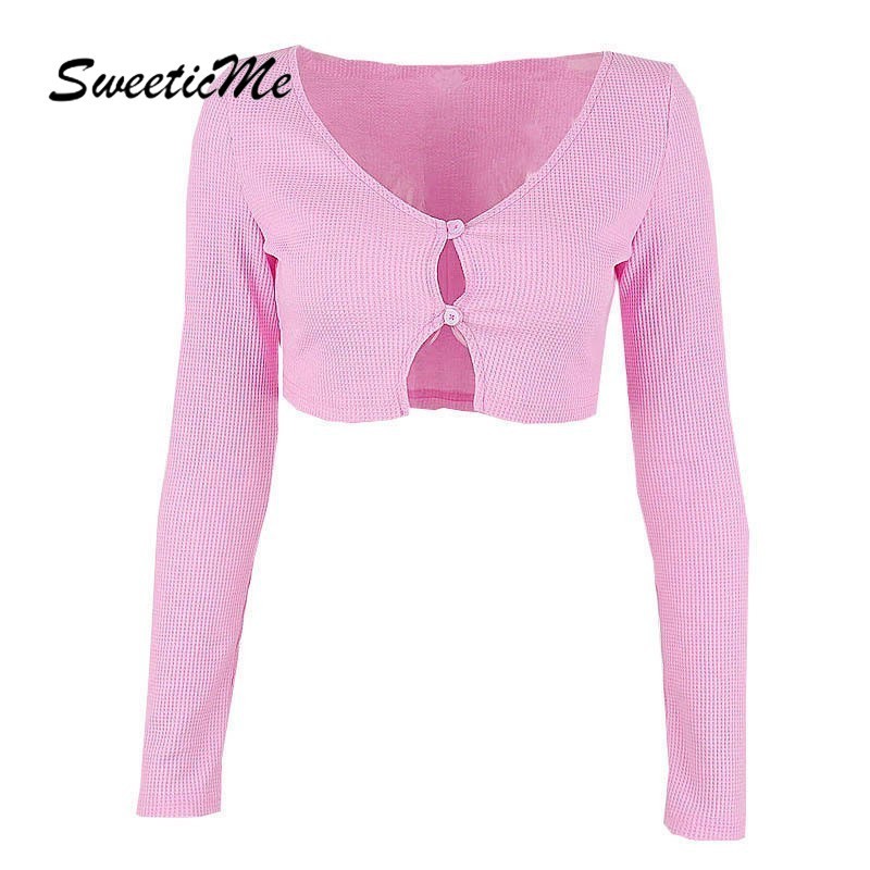 Sweeticme เสื้อสตรี 2024 ใหม่แฟชั่น U-คอยาวแขนยาว Slim Fit Causal Crop เสื้อยืด