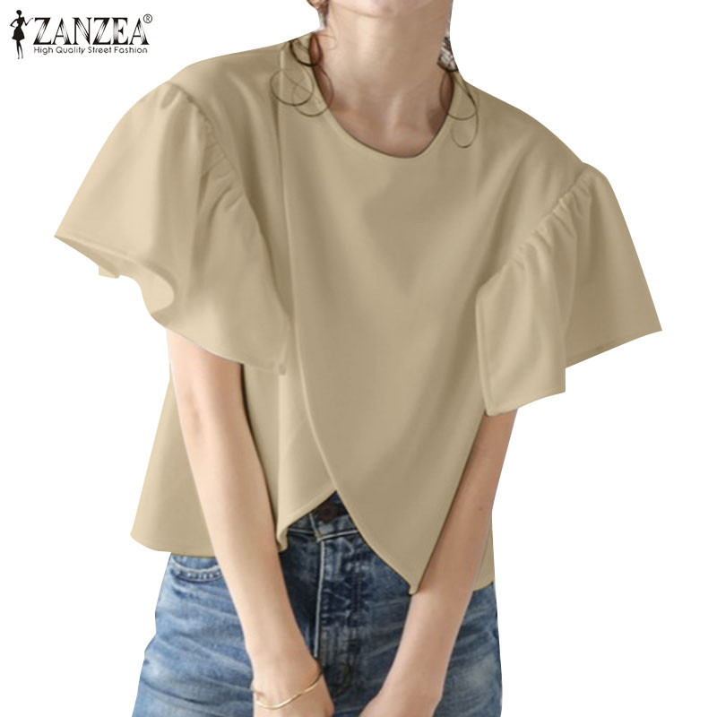 Zanzea ผู้หญิงเกาหลีเรียบง่ายลูกเรือคอ Slit ไม่สม่ําเสมอ Splicing เสื้อหลวมสีธรรมดา