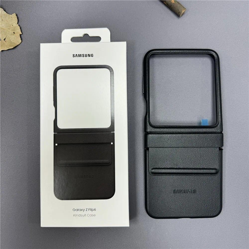 Premium High-end ของแท้หนังสําหรับ Samsung Galaxy Z Flip 6 5G ZFlip 6 หรูหราธุรกิจบานพับป้องกันกันชน