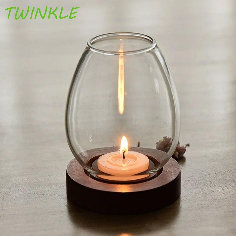 Twinkle1 เชิงเทียนพร้อมฝาปิดถ้วย, เชิงเทียนโปร่งใสแก้ว, ตกแต่งบ้านทรงกลมกันลมพร้อมฐานไม้เครื่องประดับตกแต่งโต๊ะบ้าน