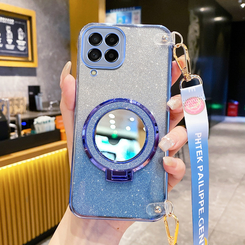 SAMSUNG ปลอกสําหรับsamsung Galaxy A12 M12 F12 A22 M22 F22 M32 M33 M53 4G 5G A22 5G A12 Nacho A12Sวงกลมกระจกขาตั้งวงเล็บGlitterแป้งยาวเชือกแขวนAnti Dropเคสโทรศัพท์