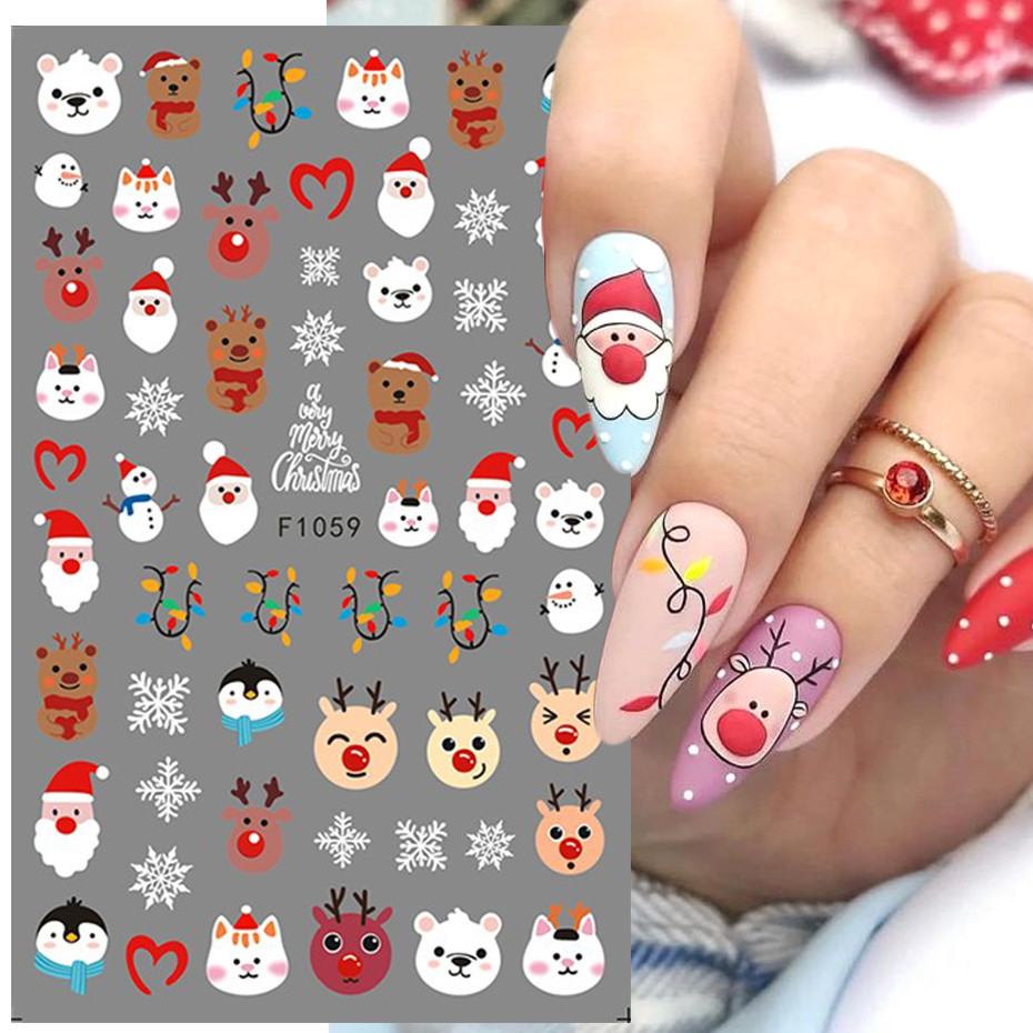 3d คริสต์มาสเล็บสติกเกอร์สีแดง Santa Claus Snowflakes โคมไฟนีออนการ์ตูน Penguin Cat Deer Bird DIY ฤดูหนาว Xmas ตกแต่งเล็บ