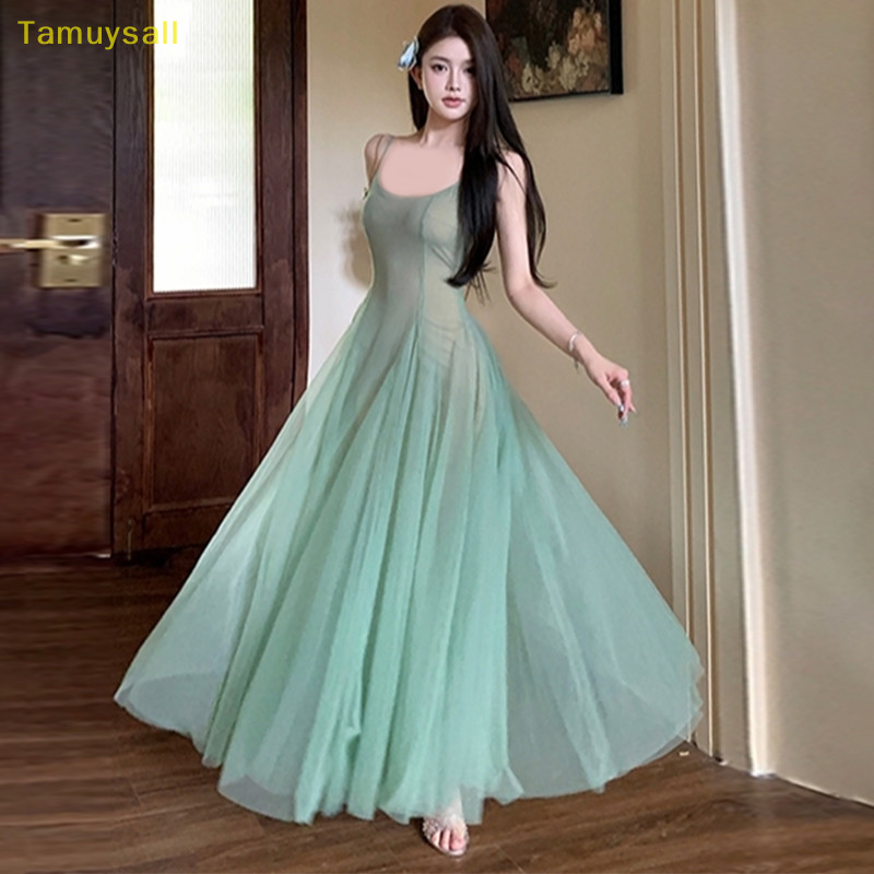 [TAMU] ผู้หญิงตาข่าย Spagrtti Strap A-line Holiday Seaside Summer Princess ชุดเดรสยาว YSA
