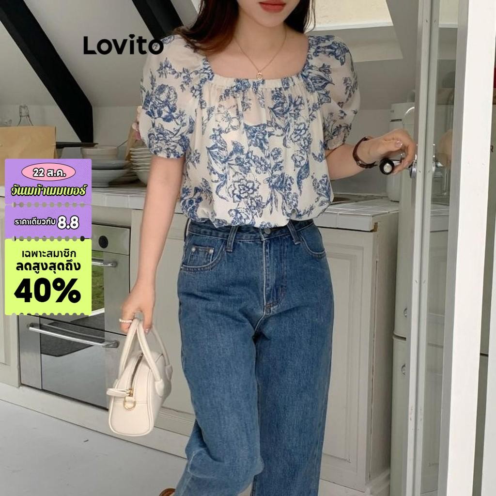 Lovito เสื้อเบลาส์ผู้หญิง เบสิก พิมพ์ลายพืช สไตล์ลำลอง LNE50561