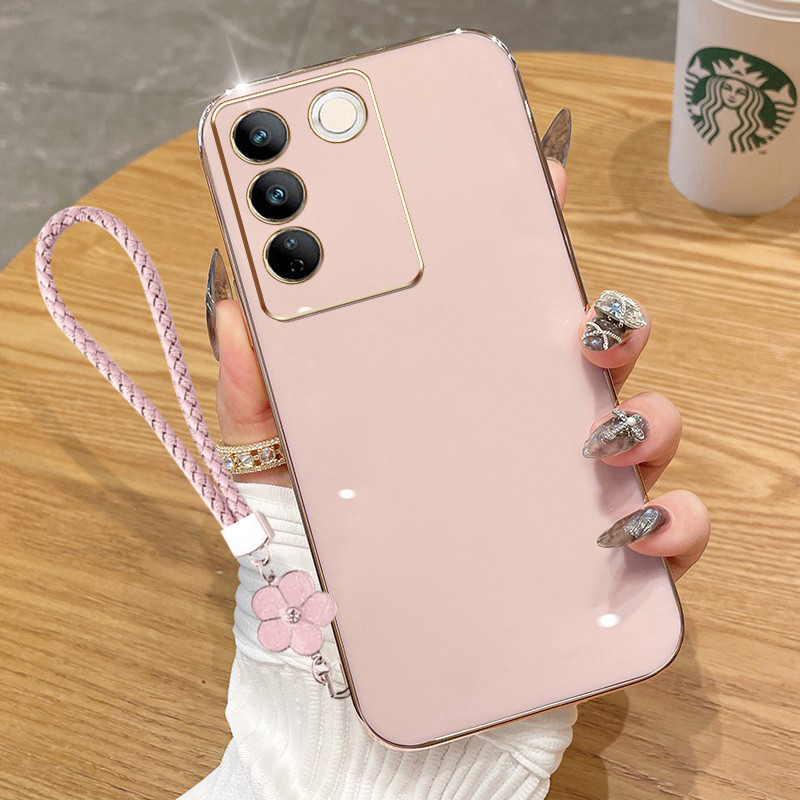ปลอกสําหรับ Vivo Y100 Y200E V30 Lite 5G Y38 T3X Y200i 5G หรูหรา Electroplated ตรงขอบซิลิโคนนุ่มโทรศัพท์ป้องกันกรณีดอกไม้เชือกแขวน