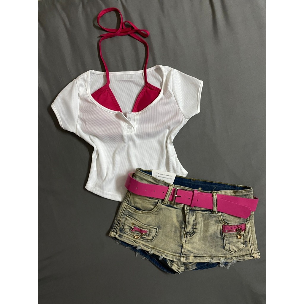 Desire ฤดูร้อนสั้นสีขาวสไตล์ใหม่ U-คอผู้หญิงสไตล์เสื้อยืดออกแบบชั้น Halterneck สลิงบริสุทธิ์ Slim-fi