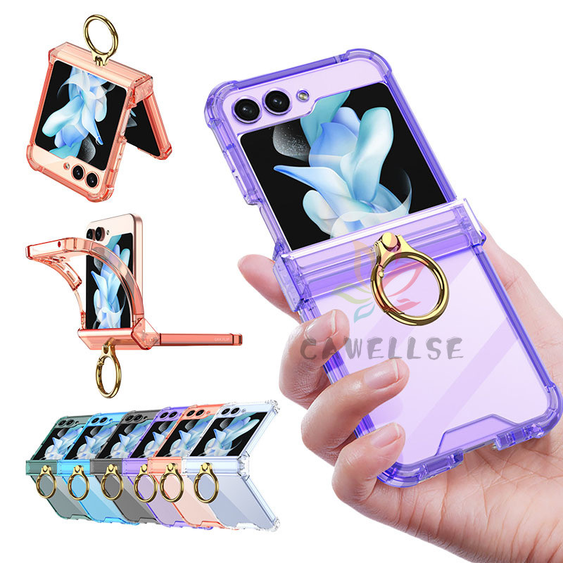 โปร่งใสผู้ถือแหวนยึดเคสโทรศัพท์ Samsung Galaxy Z Flip 6 Z Flip 5 กรณีสี่มุมซิลิโคนกันกระแทก Hard ฝาครอบป้องกัน Flip6 Flip5