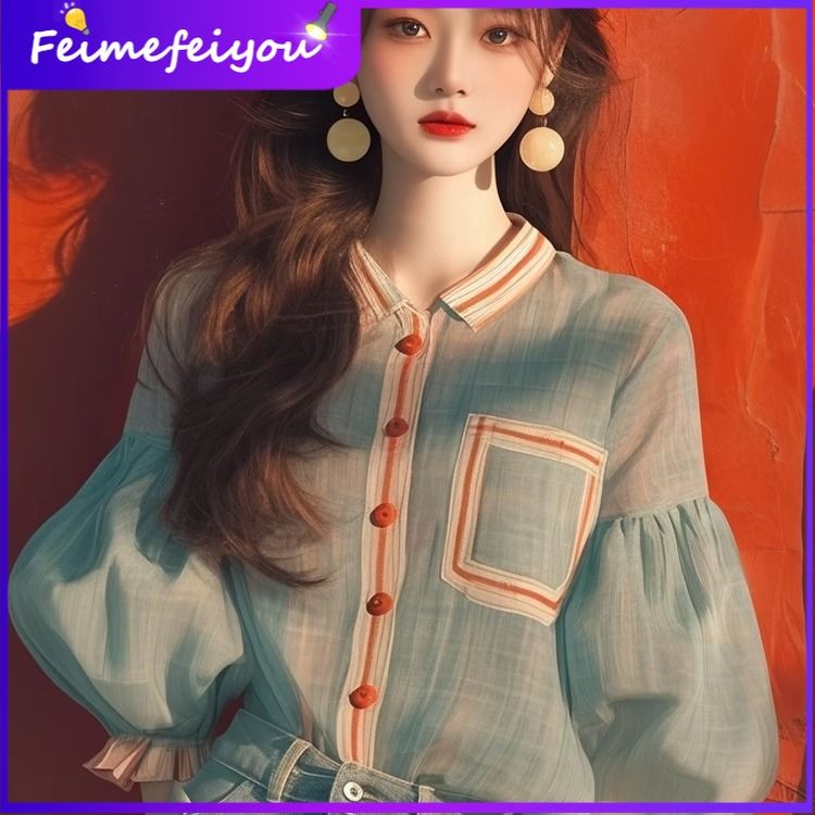 ใหม่สไตล์เกาหลี Niche Chic High-End Age-Reduction เสื้อเชิ้ตแขนเสื้อโคมไฟสีเขียวมิ้นต์ของผู้หญิง