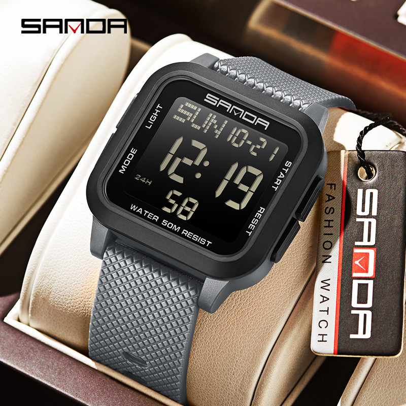 Sanda Square นาฬิกาสีทึบ Retro อินเทรนด์ Night Light กันน้ําอิเล็กทรอนิกส์นาฬิกาผู้ชาย SD2194