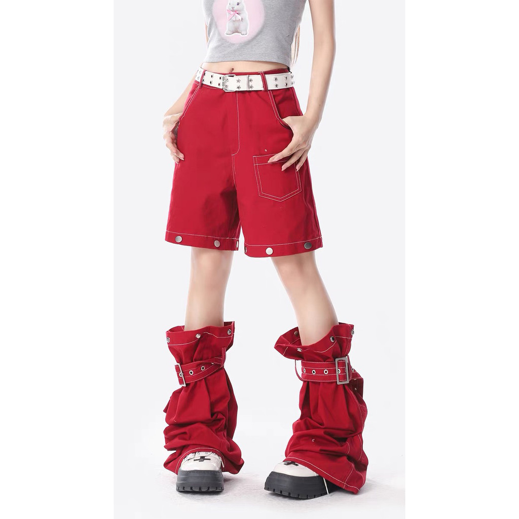 Women's Niche Wide-Leg Retro Red Workwear Casual Jeans Trousers Detachable Design SenseinsAmerican style loose