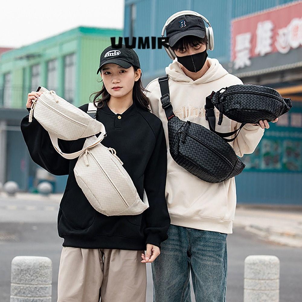UUMIR กระเป๋าคาดหน้าอก, เข็มขัดถักเปียหนัง PU Couple Waistpack, กระเป๋าคาดเอวกันน้ําที่ทนต่อการสึกหรอ