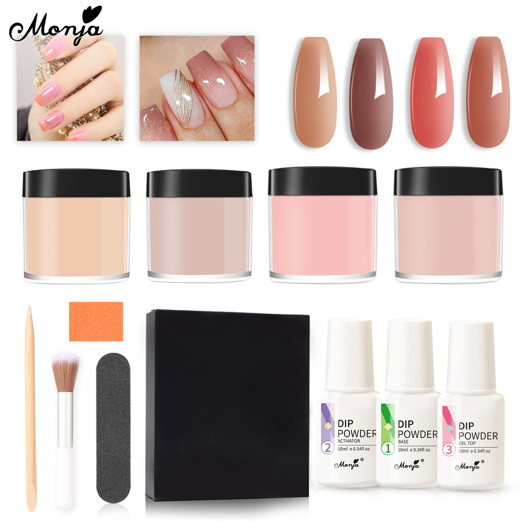 Monja 11 ชิ้น 4 สี Dipping Powder ผงเล็บอะคริลิค แบบจุ่ม (ไม่ต้องใช้เครื่องอบเล็บ)