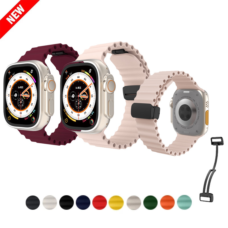 Ocean Magnetic Buckle สําหรับ Iwatch Ultra2 Series 10 9 8 7 6 5 SE 4 3 2 1 Ultra 46 มม.49 มม.38 มม.40 มม.42 มม.44 มม.41 มม.45 มม.นาฬิกาสมาร์ทซิลิโคนพับ Band