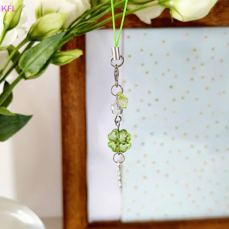 (KFL) 1pc คริสตัล Lucky Four Leaf Clover โซ่โทรศัพท์มือถือ Y2K อินเทรนด์ลูกปัดโทรศัพท์ Lanyard แฟชั่นพวงกุญแจสาวของขวัญขายร้อน