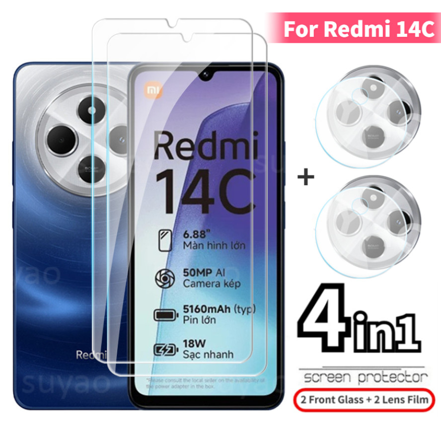 4 in 1 กระจกนิรภัยสําหรับ Xiaomi POCO C75 Redmi 14C 2024 4G HD ป้องกันหน้าจอป้องกันกล้องเลนส์ฟิล์มบน Xiomi POCOC75 Redmi14C Redmy C14 กระจกใสใส