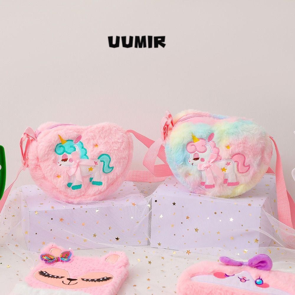 UUMIR กระเป๋าสะพายยูนิคอร์น,การ์ตูนเย็บปักถักร้อยซิปเด็กกระเป๋าสะพายข้าง,ตุ๊กตาน้ําหนักเบาสาวของขวัญคริสต์มาสสายรุ้งปุยกระเป๋าใส่เหรียญ