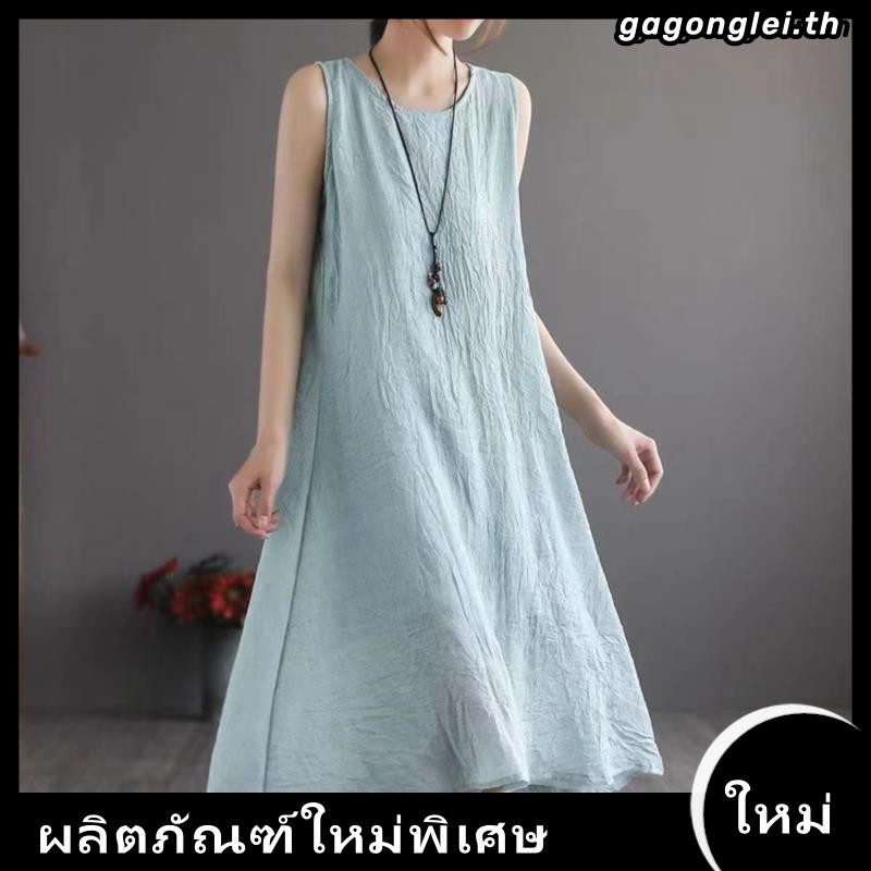 ชุดเดรสกระโปรงยาว ผ้าฝ้าย ผ้าลินิน แขนกุด ทรงหลวม สวมใส่สบาย เหมาะกับฤดูร้อน สําหรับสตรี