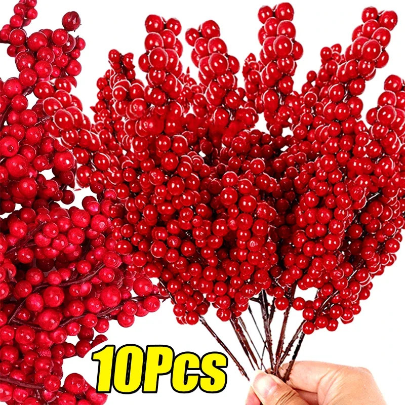 10 ชิ้นประดิษฐ์ Red Berries สาขา - โฟมสีแดง Holly Berries Stems สําหรับพวงหรีด Xmas Tree Decor - คริสต์มาสปีใหม่ Party Supplies