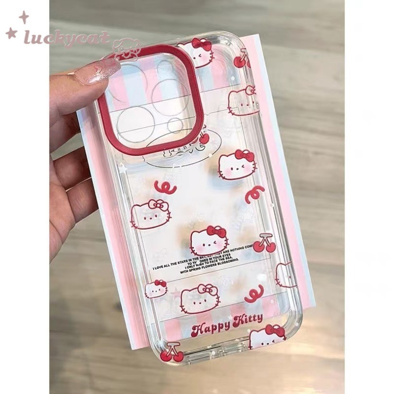 Iphone 15 14 13 12 11 Pro Max X XR XS Max 7 8 Plus SE2020 เคสโทรศัพท์เชอร์รี่สีแดงสดน่ารักสายสีแดง KT Cat Clear Soft Cover