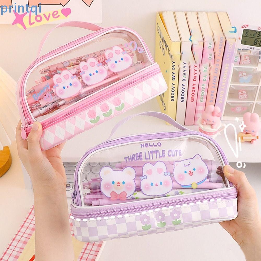 Printqi Pencil , ที่เก็บเครื่องเขียน PVC ความจุขนาดใหญ่, อุปกรณ์การเรียนสํานักงานสองชั้นกระเป๋าปากกาการ์ตูน