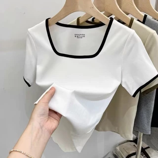 เสื้อยืดแขนสั้นหญิงใหม่ล่าสุด ฤดูร้อน สไตล์คอเหลี่ยม