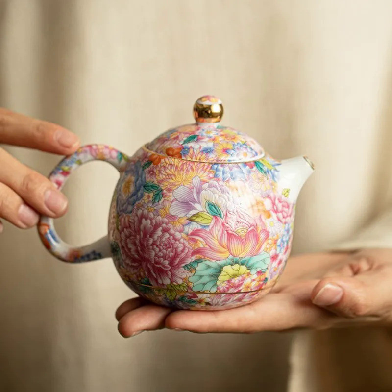 Enamel Colored Flower Dragon Egg Tea Pot Handmade Ceramic Teapots Kung Fu Tea Set Household Tea Pot