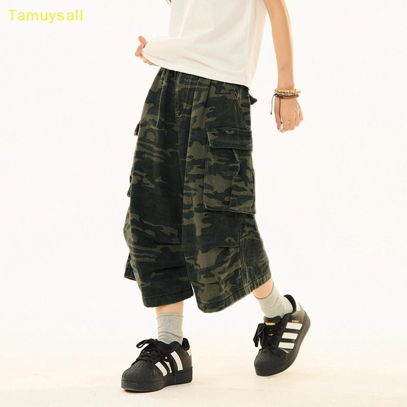 [TAMU] แฟชั่นเอวสูงลําลอง Retro American Green Big Pocket Cropped Jeans YSA