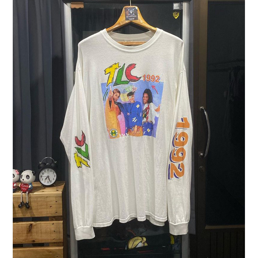 ((ผ้าฝ้ายแท้พร้อมสต็อก) Tlc Womens Band vintage American Retro 1992 เสื้อยืดแขนยาวการพิมพ์