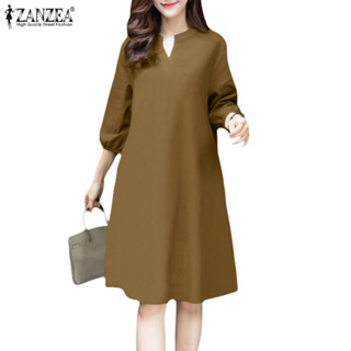 Zanzea ชุดเดรสทรงเอคอวีลําลองเกาหลีสําหรับผู้หญิง