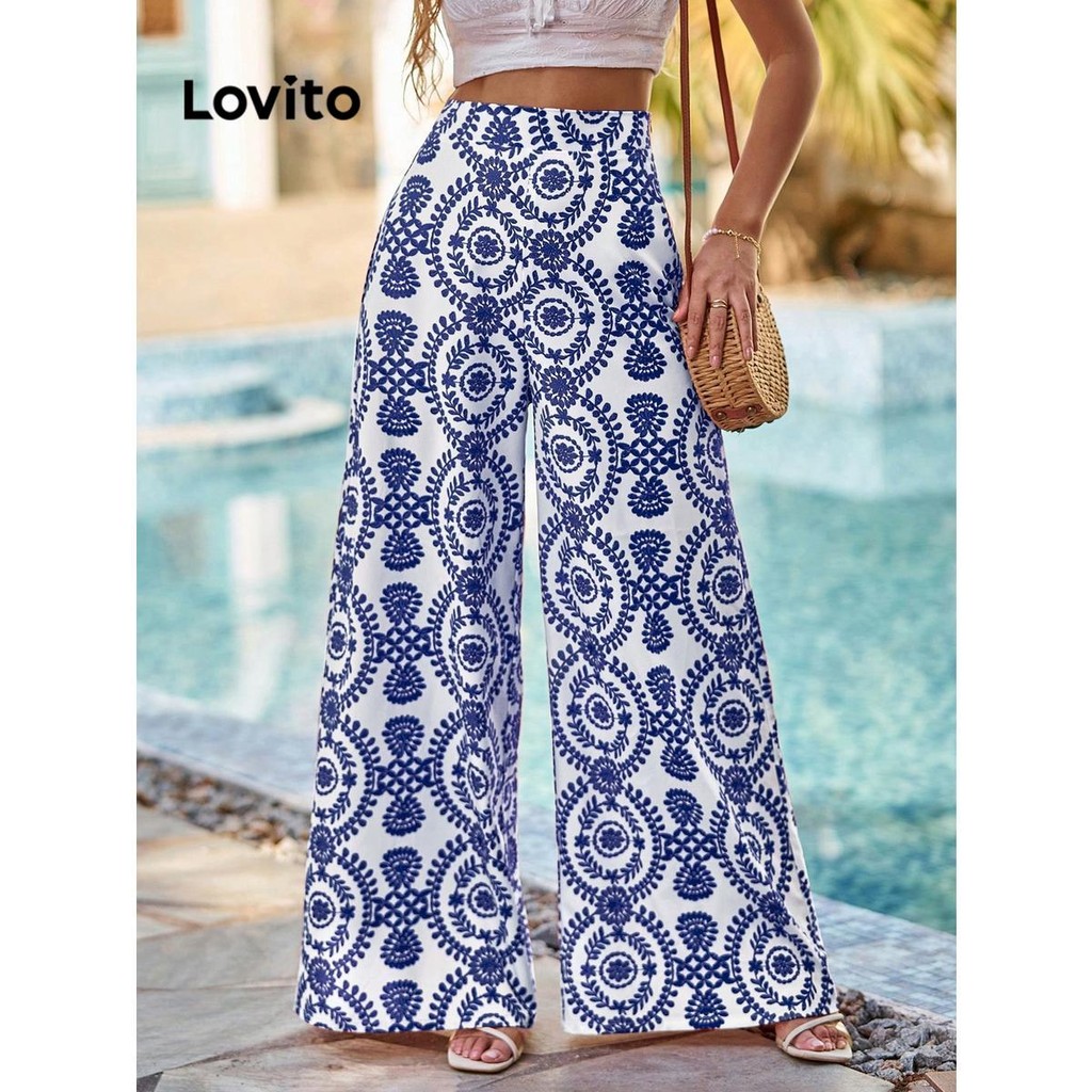 Lovito กางเกงผู้หญิง พิมพ์ลายแนวชนเผ่า สีพื้น สไตล์โบโฮ LNL68182